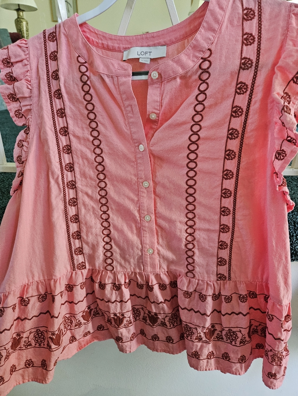 LOFT Coral Pink Embroidered Ruffle Sleeve Pullover Top